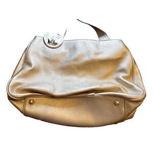 Michael Kors Gold Leather Shoulder Tote Bag MK Logo Gold Hardware -Pre-Owned